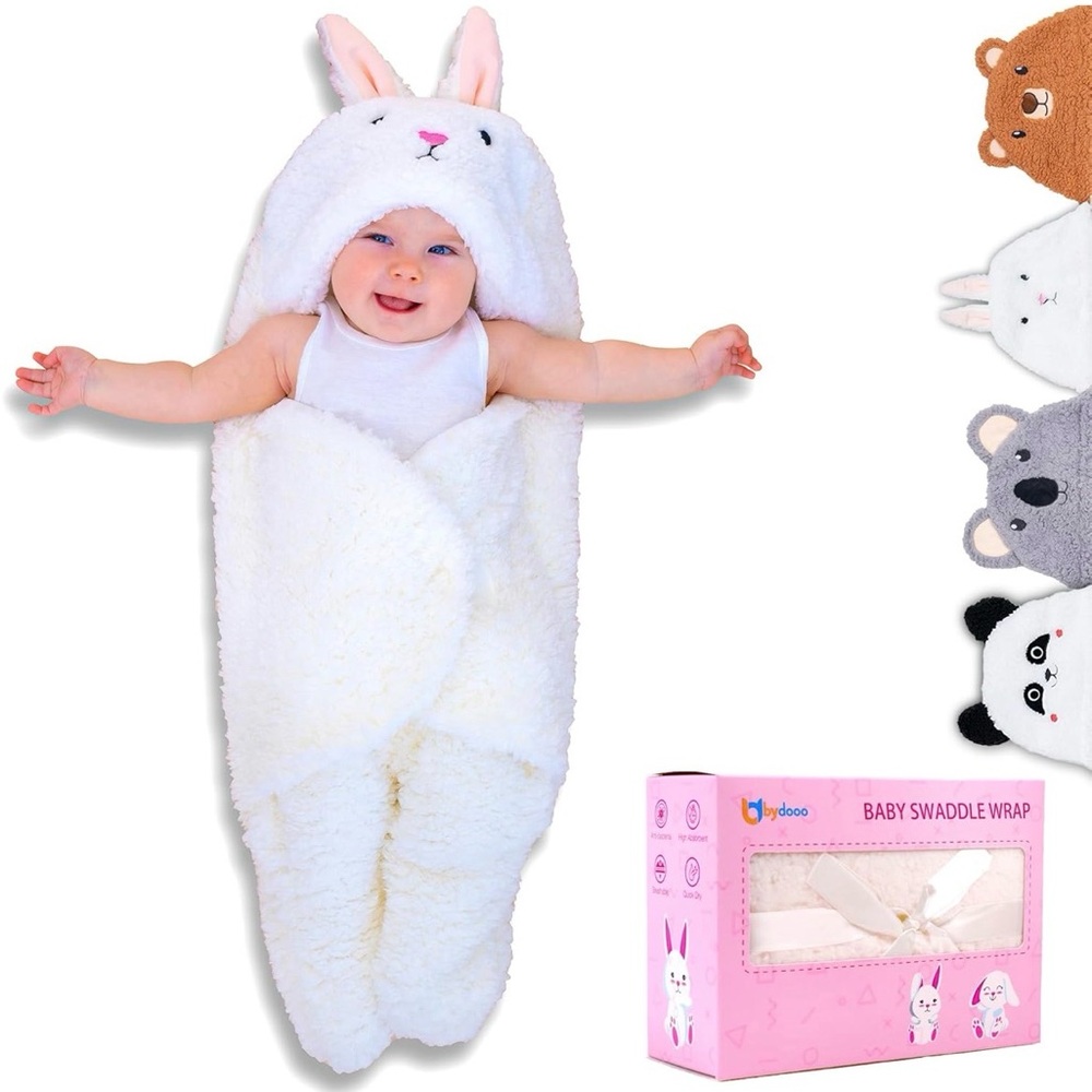 ubydooo White Bunny Plush Hooded Swaddle Blanket - Fleece Baby Wrap